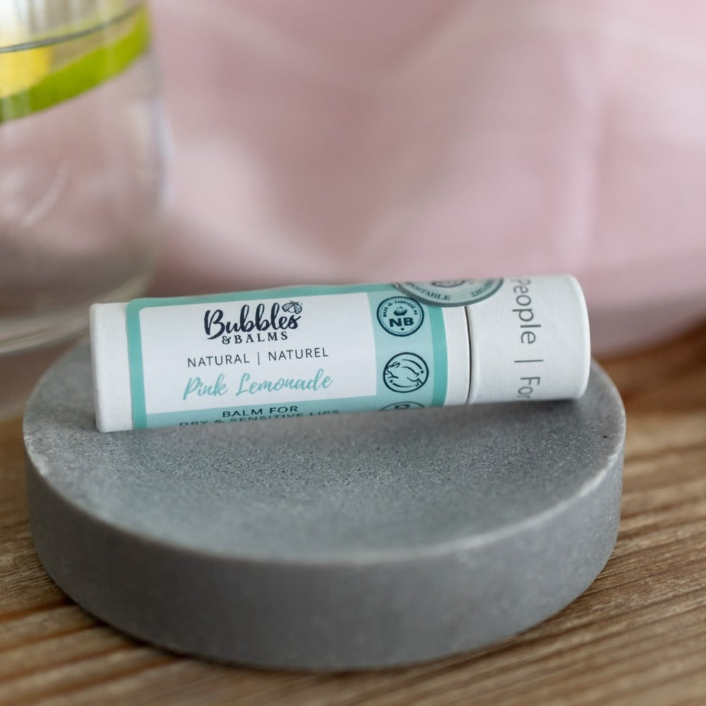 Vegan, plant-based lip balm in Pink Lemonade from experts in personal care for sensitive skin, Bubbles & Balms.