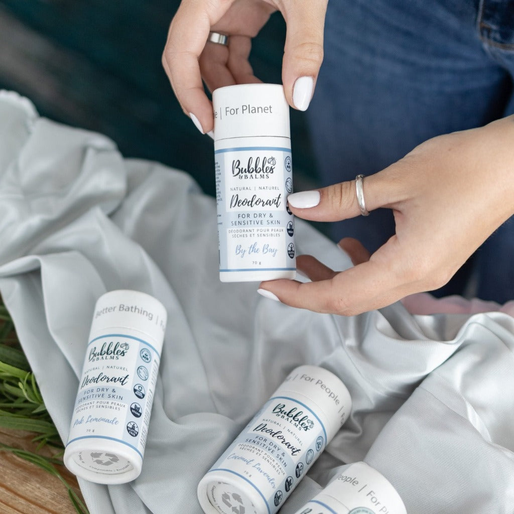 Vegan, plant-based, and baking soda-free deodorants from Bubbles & Balms ready to keep sensitive underarms fresh all day long.
