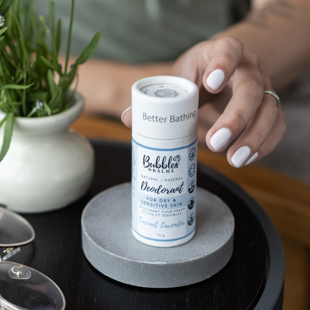 Reaching for soothing freshness with coconut lavender vegan deodorant from Bubbles & Balms.