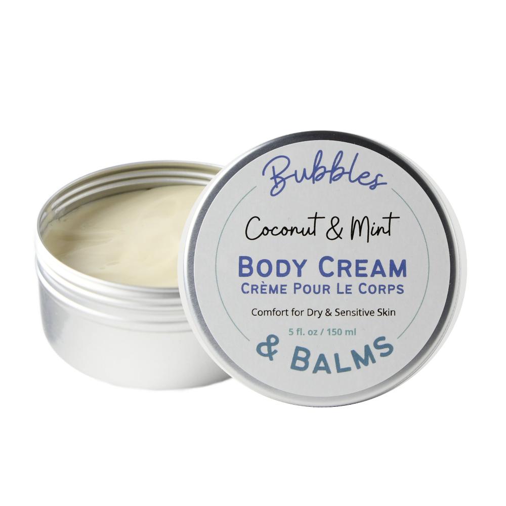 Bubbles & Balms Coconut & Mint Body Cream for Dry & Sensitive Skin opened and looking smooth as silk.