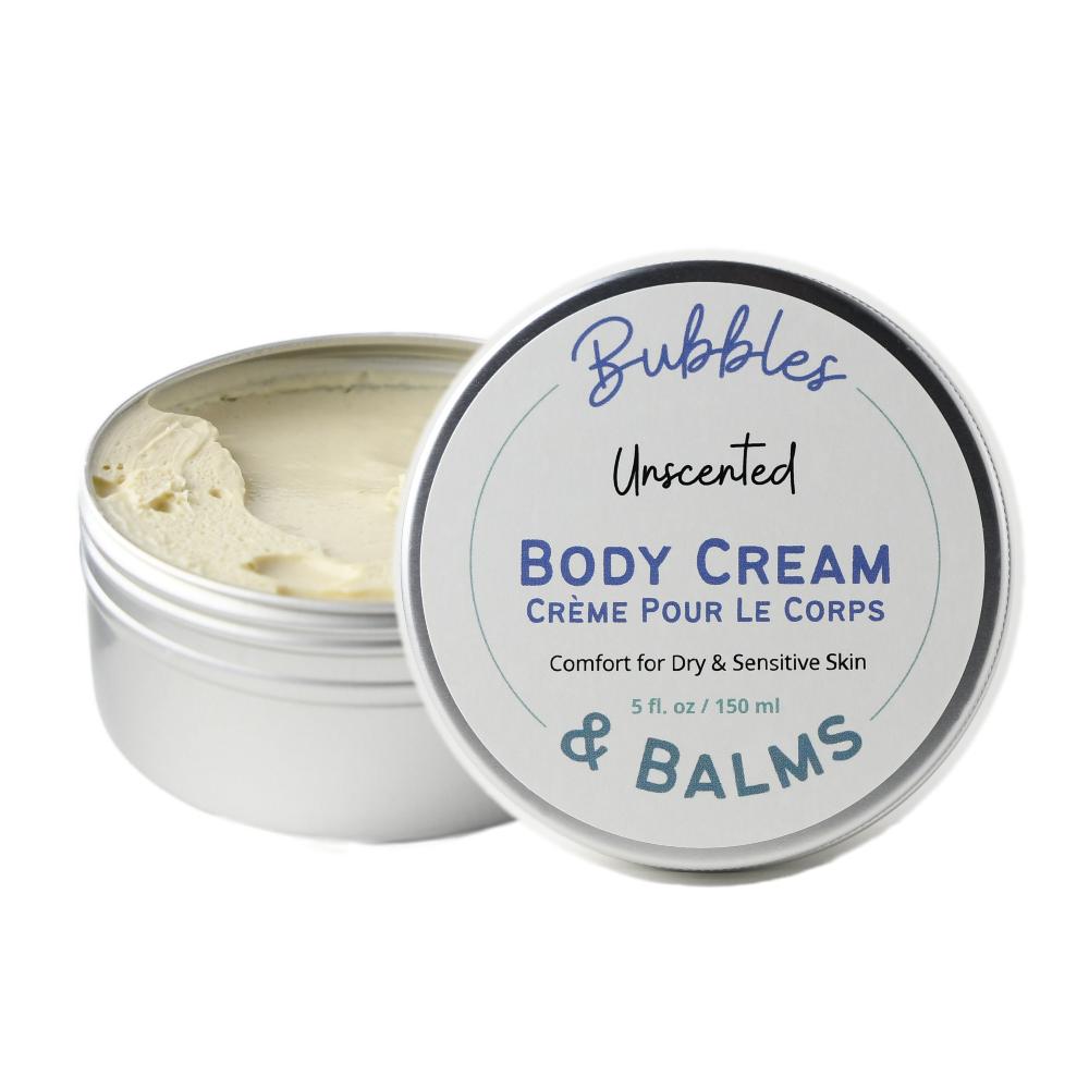 Bubbles & Balms unscented body cream for dry & sensitive skin opened and showing the light, luxurious moisturizer held inside.