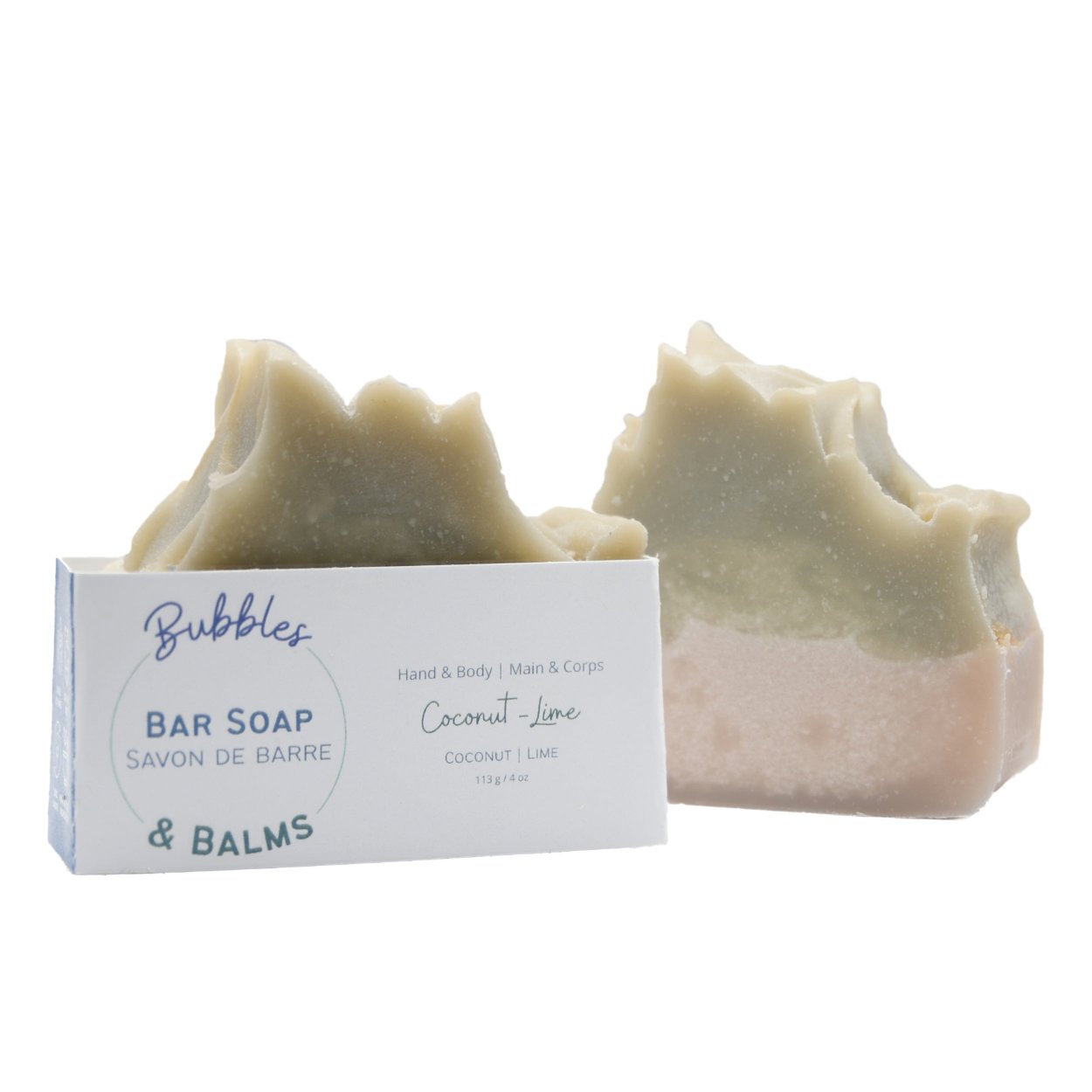 Coconut Lime bar soap from Bubbles & Balms with fresh key lime essential oil and organic coconut oil.