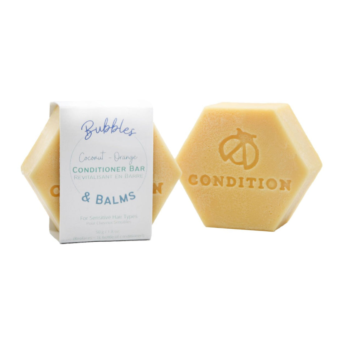 Coconut Orange conditioner bar for sensitive scalps, from Bubbles & Balms of Hampton, New Brunswick.