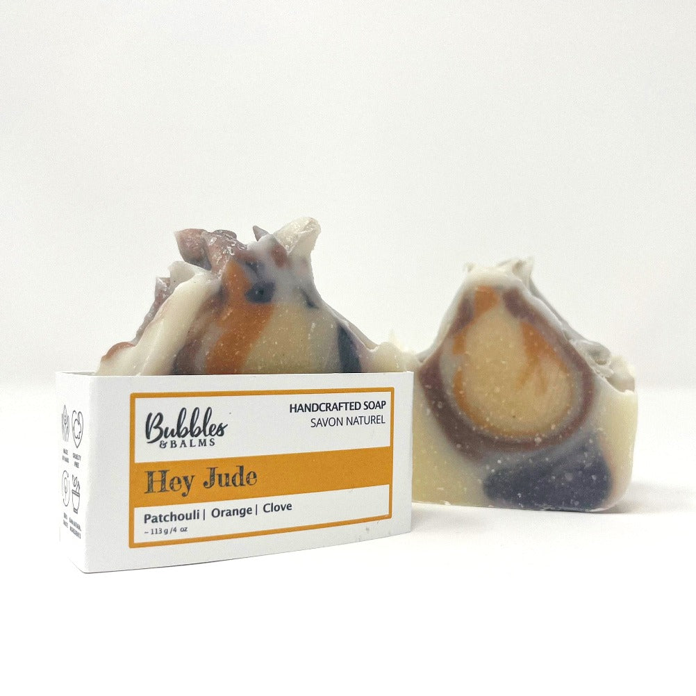 Bubbles &amp; Balms natural patchouli bar soap called Hey Jude near production studion in Hampton, New Brunswick, Canada