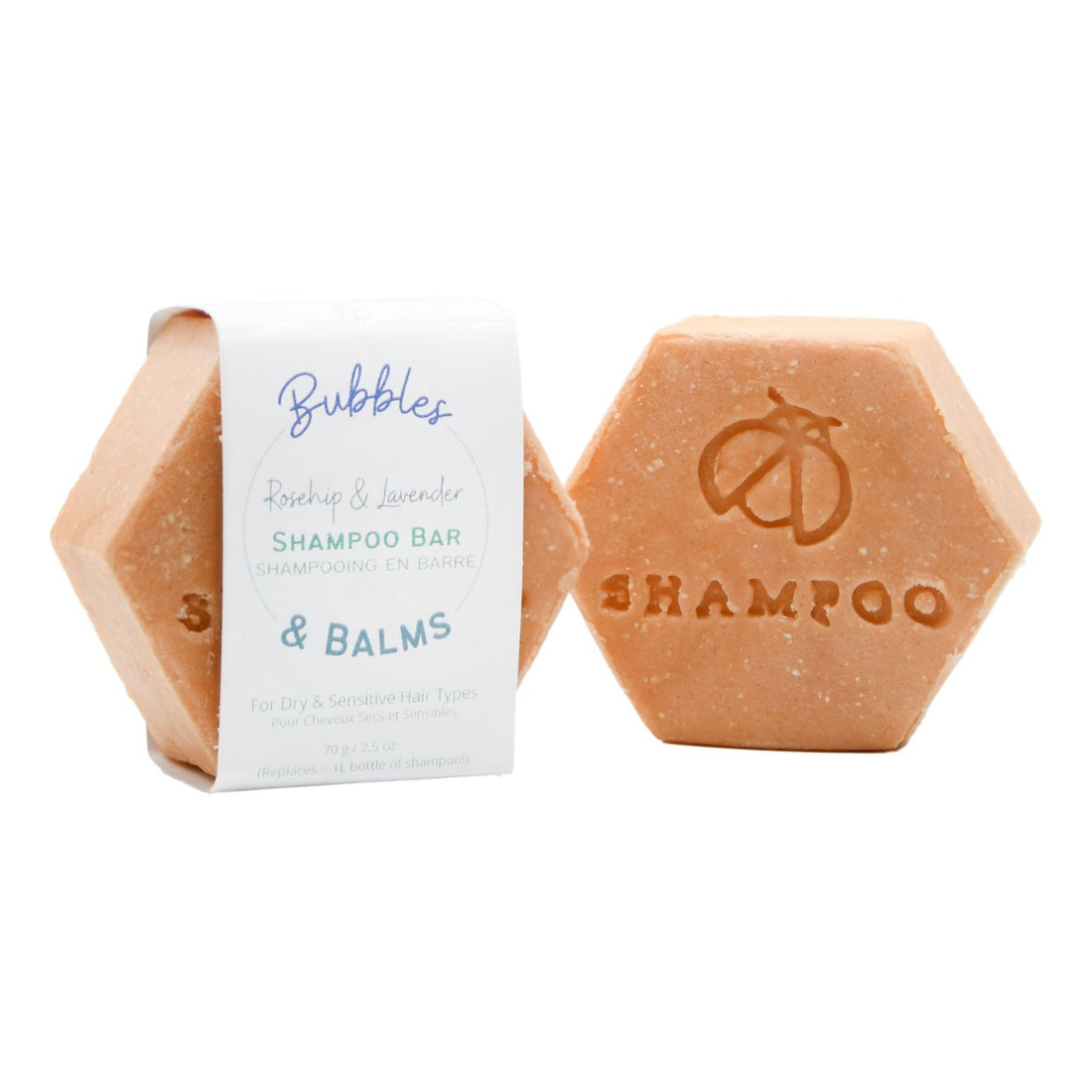 Rosehip & Lavender shampoo bar for extra dry and sensitive scalps, from Bubbles & Balms of Hampton, New Brunswick.