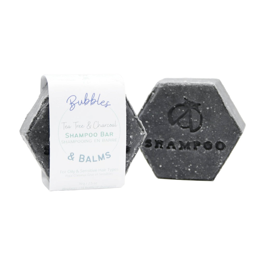 Tea Tree & Charcoal shampoo bar for oily and sensitive scalps, from Bubbles & Balms of Hampton, New Brunswick.