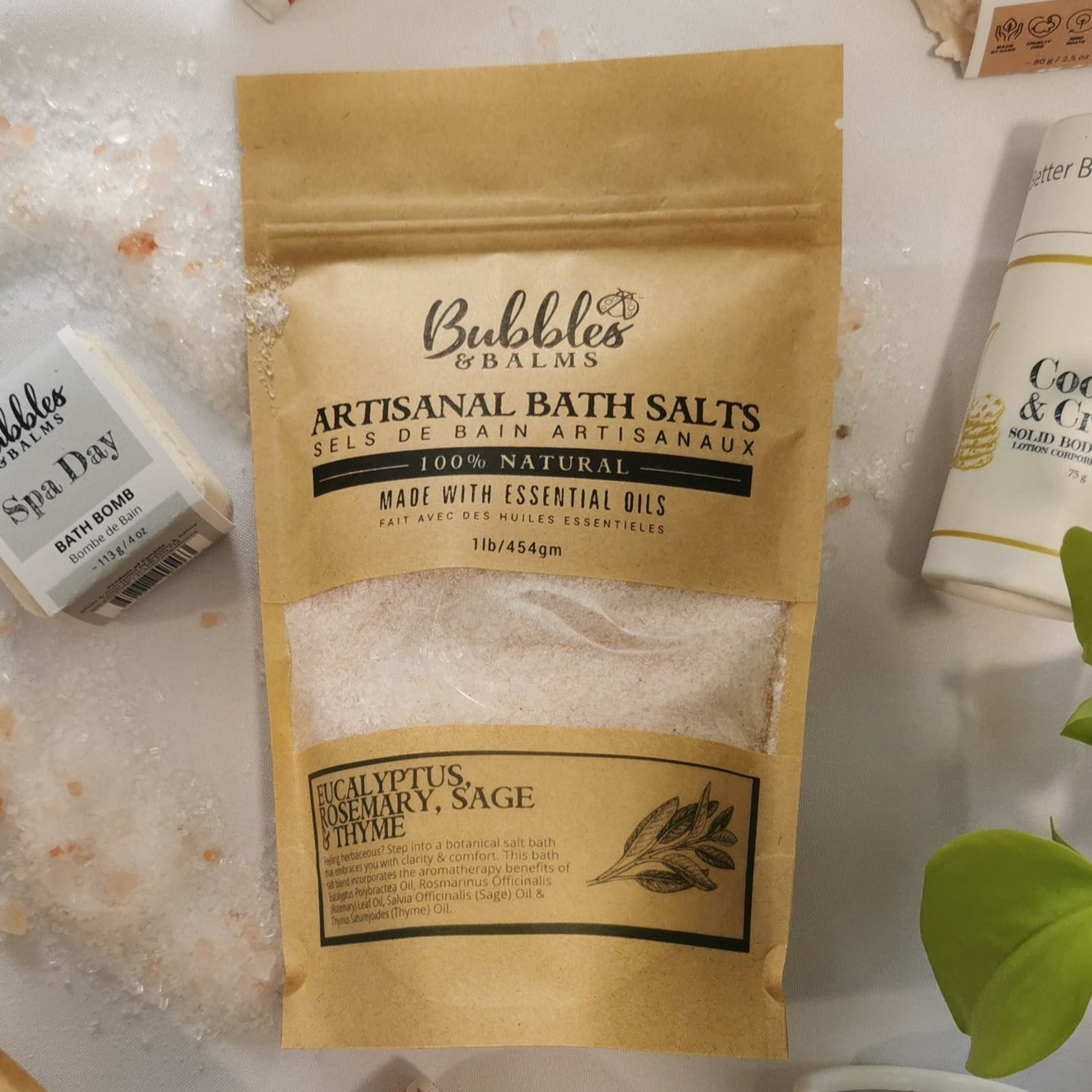 Closeup of Bubbles & Balms eucalyptus, rosemary, sage and thyme bath salts