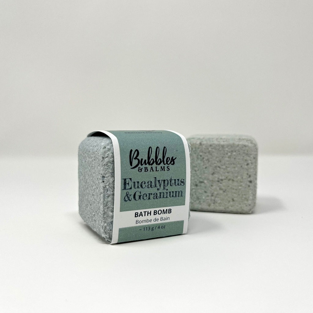 Bubbles & Balms Eucalyptus & Geranium Fizzy Bath Bomb With Clays & Minerals in Label