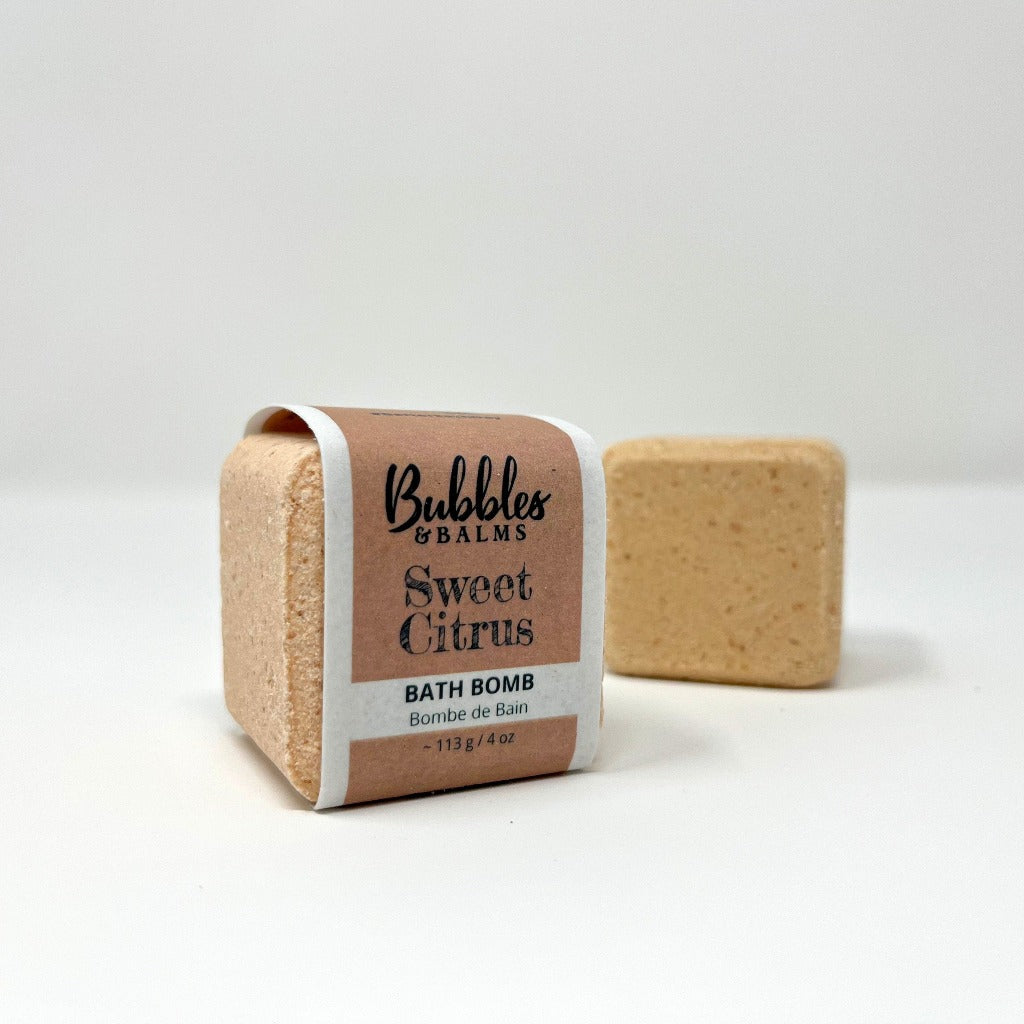 Bubbles & Balms Sweet Citrus Fizzy Bath Bomb With Citrus Essesntial Oils in Label and Without near Hampton, New Brunswick
