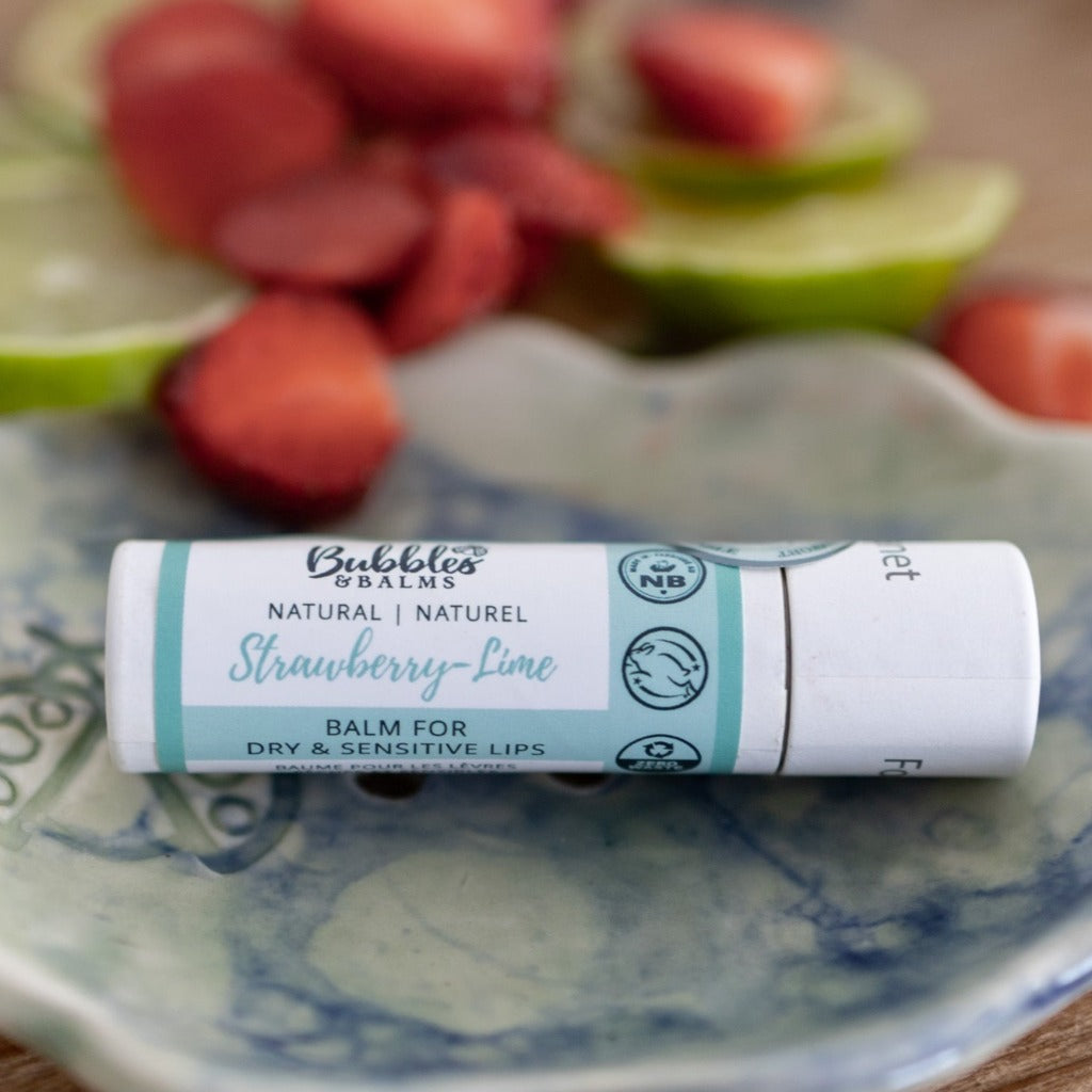 Bubbles &amp; Balms Strawberry Lime lip balm in compostable tube.