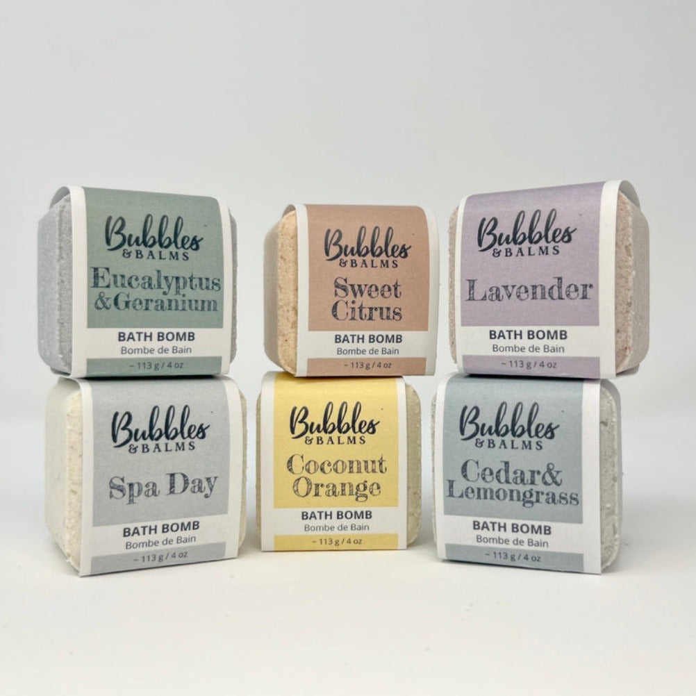 Bubbles &amp; Balms natural bath bomb bundle for dry &amp; sensitive skin, including eczema and psoriasis, stacked on top of each other near Saint John, New Brunswick, Canada