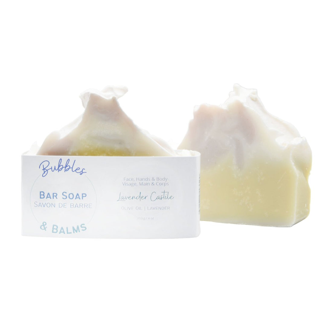Lavender Castile bar soap from Bubbles & Balms made with organic olive oil.