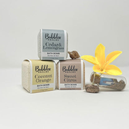 Bubbles &amp; Balms Bath Bomb Trio for Dry &amp; Sensitive Skin With Essential Oils &amp; Plastic Free Packaging.