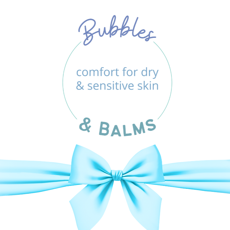 Bubbles &amp; Balms e-mail gift card with their logo for dry &amp; sensitive skin above a ribbon