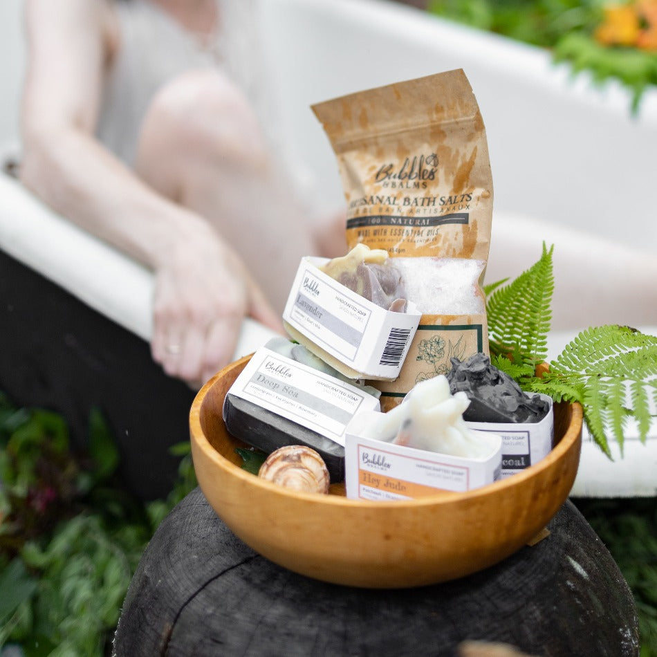 Bubbles &amp; Balms Natural Bar Soaps For Bathing Sensitive Skin Without Sulfates In Bowl Next to Garden Tub in New Brunswick, Canada