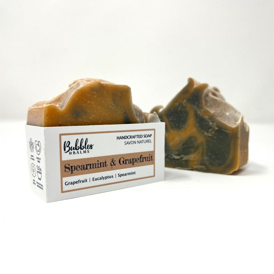 Bubbles &amp; Balms Spearmint &amp; Grapefruit Natural Bar Soap with Grapefruit, Eucalyptus, &amp; Spearmint essential oils.