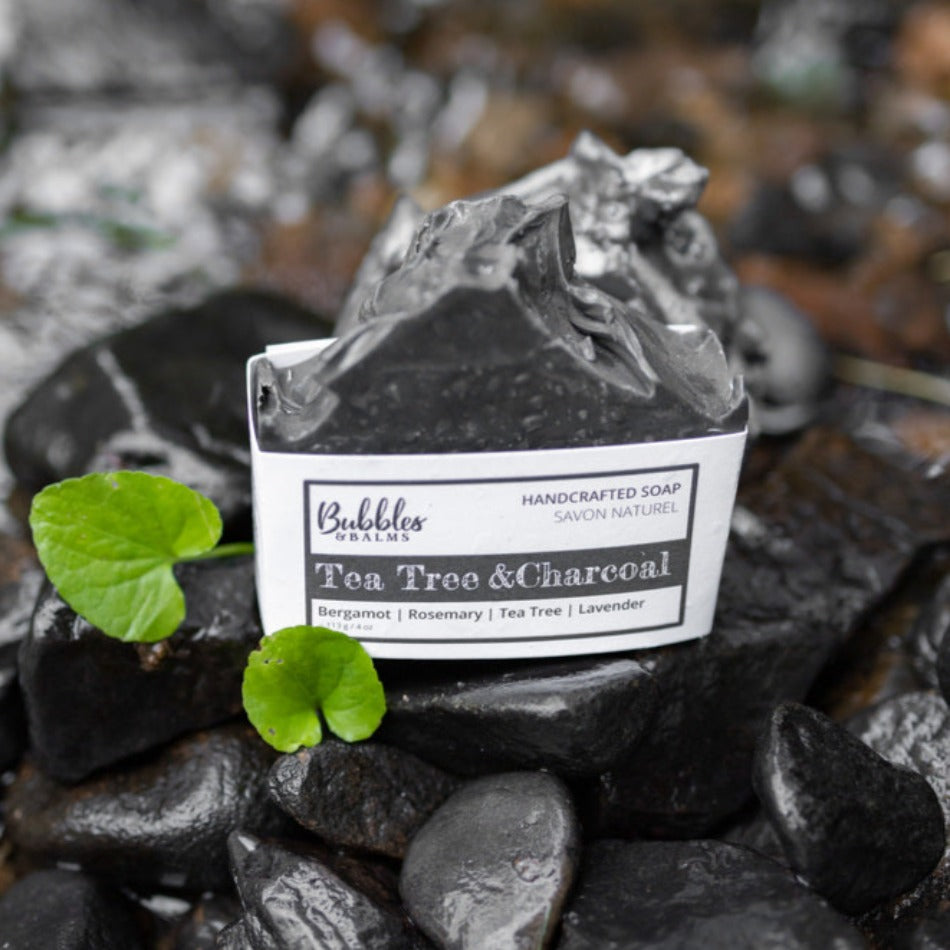 Bubbles &amp; Balms Tea Tree &amp; Charcoal Natural Bar Soap for Oily &amp; Acne-Prone Skin on Dark, Wet Rocks Near the Side of Pickwauket Brook in Lower Norton, New Brunswick, Canada